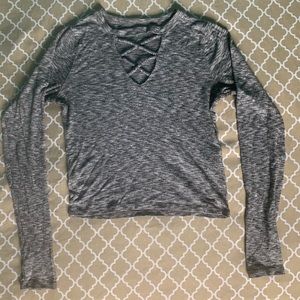 GRAY RIBBED FITTED LONG SLEEVE TOP